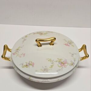 Antique Vintage Limoges Elite Works Floral Round Vegetable Bowl Dish Gold Handle
